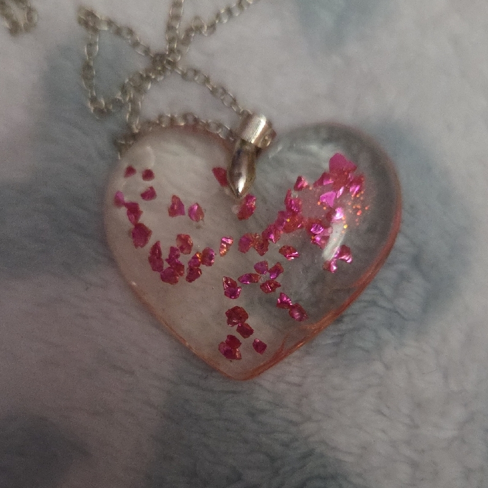 NECKLACE, Heart Pendant with Pink Accents Resin Handmade - Picture 2 of 4
